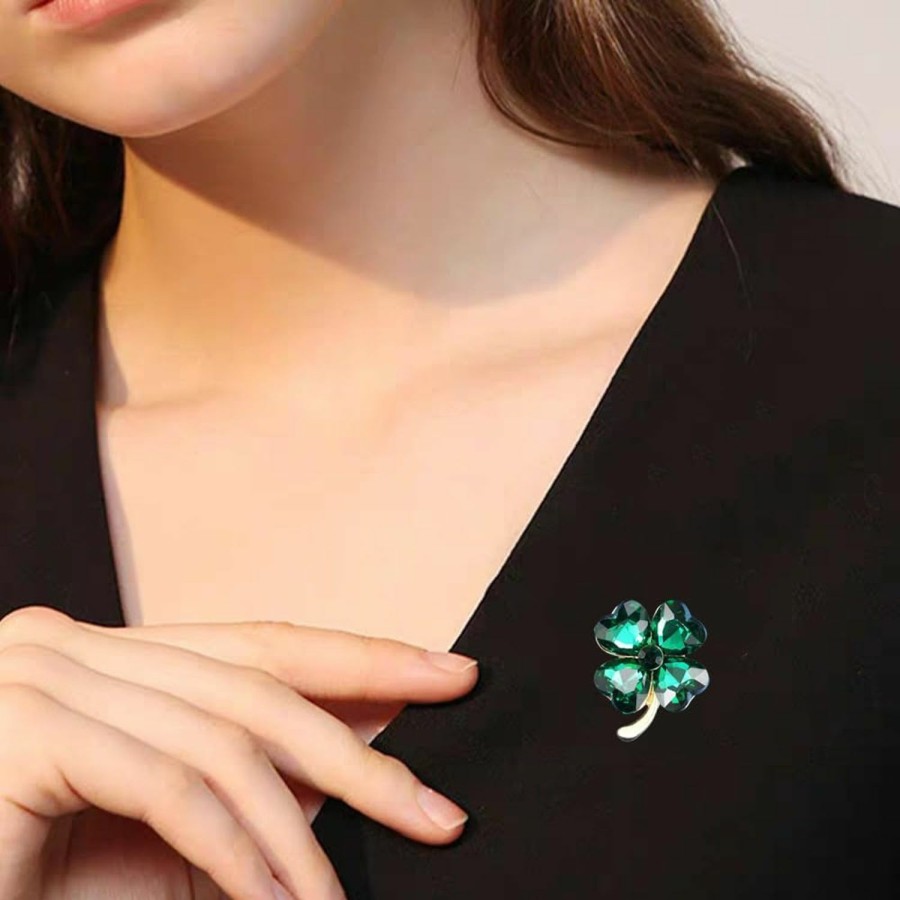 Dtja Green Hearted Rhinestone Clover Leaf Brooch Pin For Women Girls Uni Gold Plated Fashion Crystal Flower Brooches Lapel Pins Lucky Decor Dress Accessories St Patrick'S Day Holiday Festival Party Jewelry Gift Wholesale