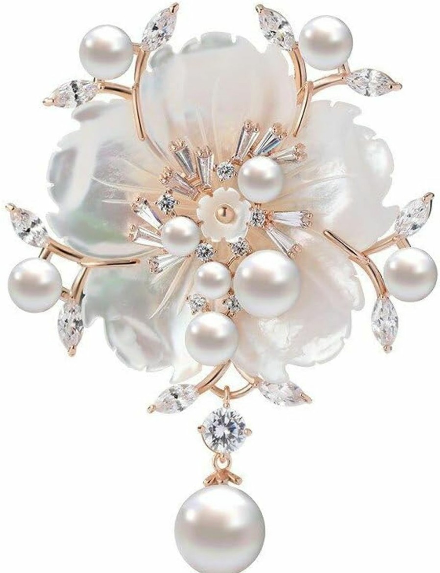 EMEGCY Emegcy Rhinestone Flower Brooch For Women Pearl Flower Brooch Pins 18K Gold-Plated Flower Lapel Pin Jewelry Valentine'S Day Birthday Gifts For Wife Girlfriends Bride New