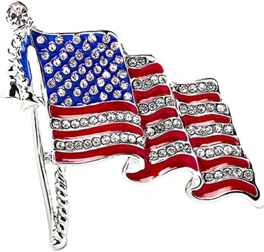 Dtja Rhinestone Waving Usa Flag Brooch Pin For Women Silver Tone Fashion Crystal 4Th Of July American Patriotic Medal Blue Red Enamel Brooches Dress Accessories Veterans Independence Memorial Day Jewelry Clearance