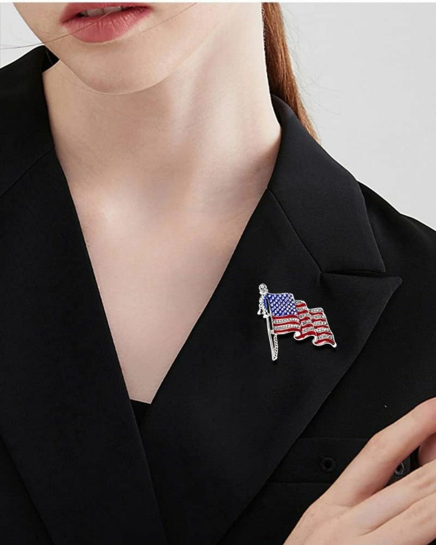 Dtja Rhinestone Waving Usa Flag Brooch Pin For Women Silver Tone Fashion Crystal 4Th Of July American Patriotic Medal Blue Red Enamel Brooches Dress Accessories Veterans Independence Memorial Day Jewelry Clearance