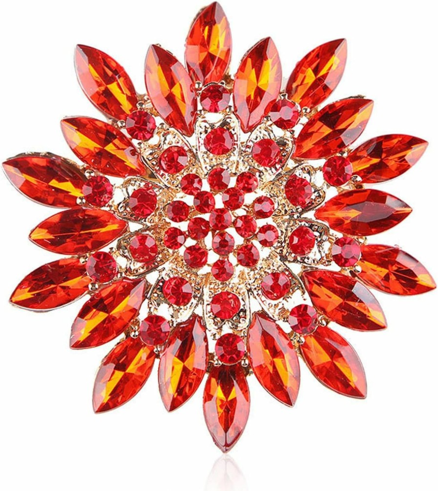 GYRMMUE Premium Rhinestone Sunflower Brooch Pin Red Pink Flower Brooch Elegant Clothing Hat Bag Skirt Accessories For Women Teen Girls Hot