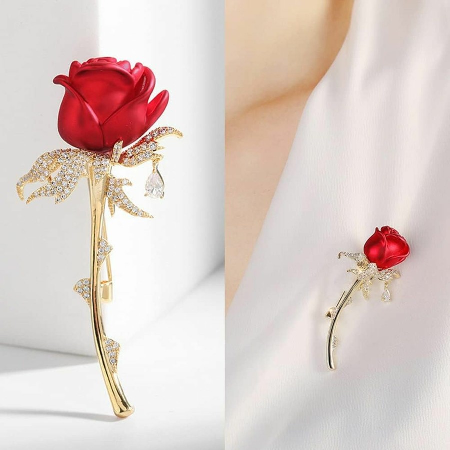 OIDIMS Red Rose Flowers Brooches Pins Rhinestone Brooch Cubic Zirconia Classic For Party Dance Wedding Banquet For Elegant Women Beautiful Girls Lapel Pins Dress Suit Bouquet Ceremony Accessories Jewelry Best