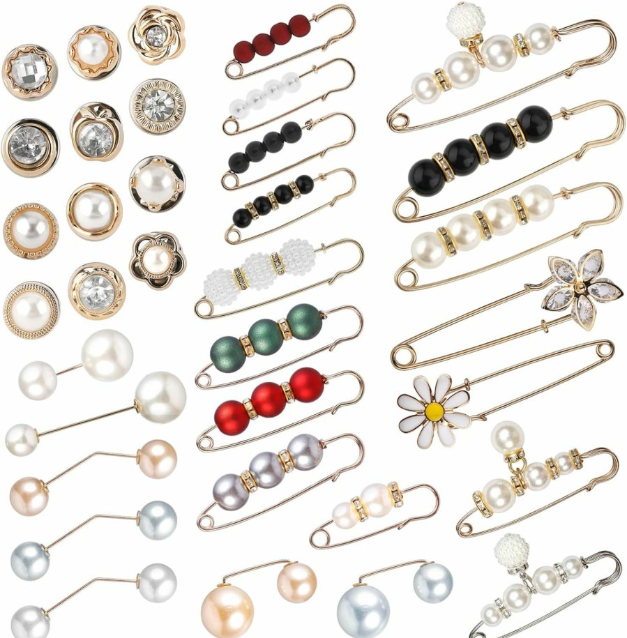 Amabro Amabro 35Pcs Pearl Brooch Pins, Safety Pins For Women No Sewing Pant Waist Tightener Cover Up Buttons Sweater Shawl Hat Clip Neckline Pins Double Faux Pearl Brooches Waist Pants Extender New