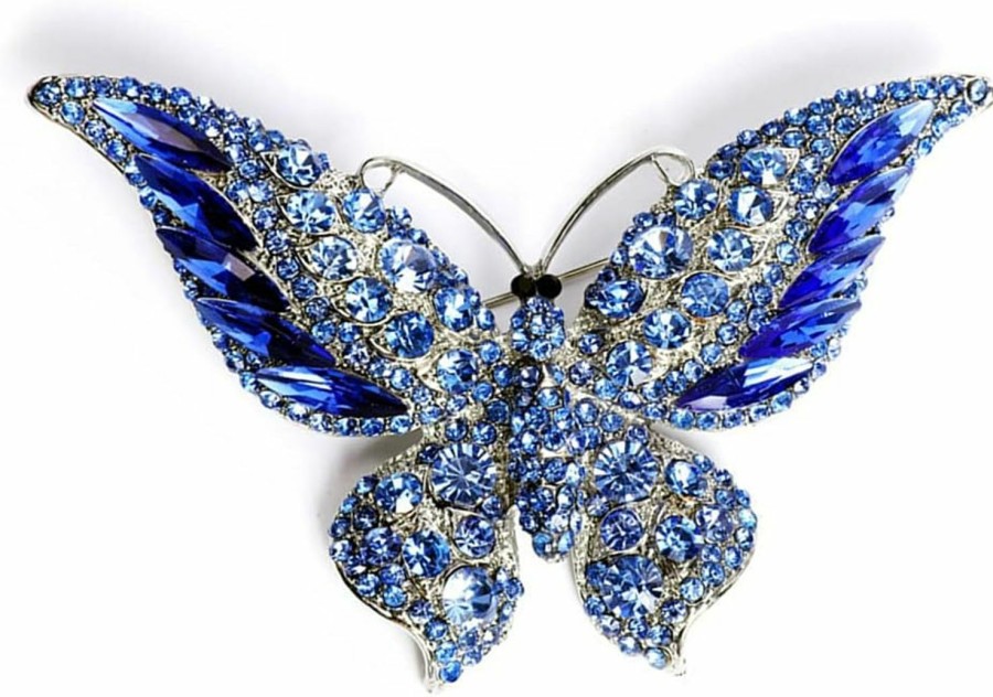 Dtja Rhinestone Butterfly Brooch Pin For Women Girls Fashion Exquisite Big Blue Crystal Empress Monarch Winged Brooches Lapel Pins Elegant Dress Accessories Wedding Christmas Birthday Jewelry Gift Wholesale