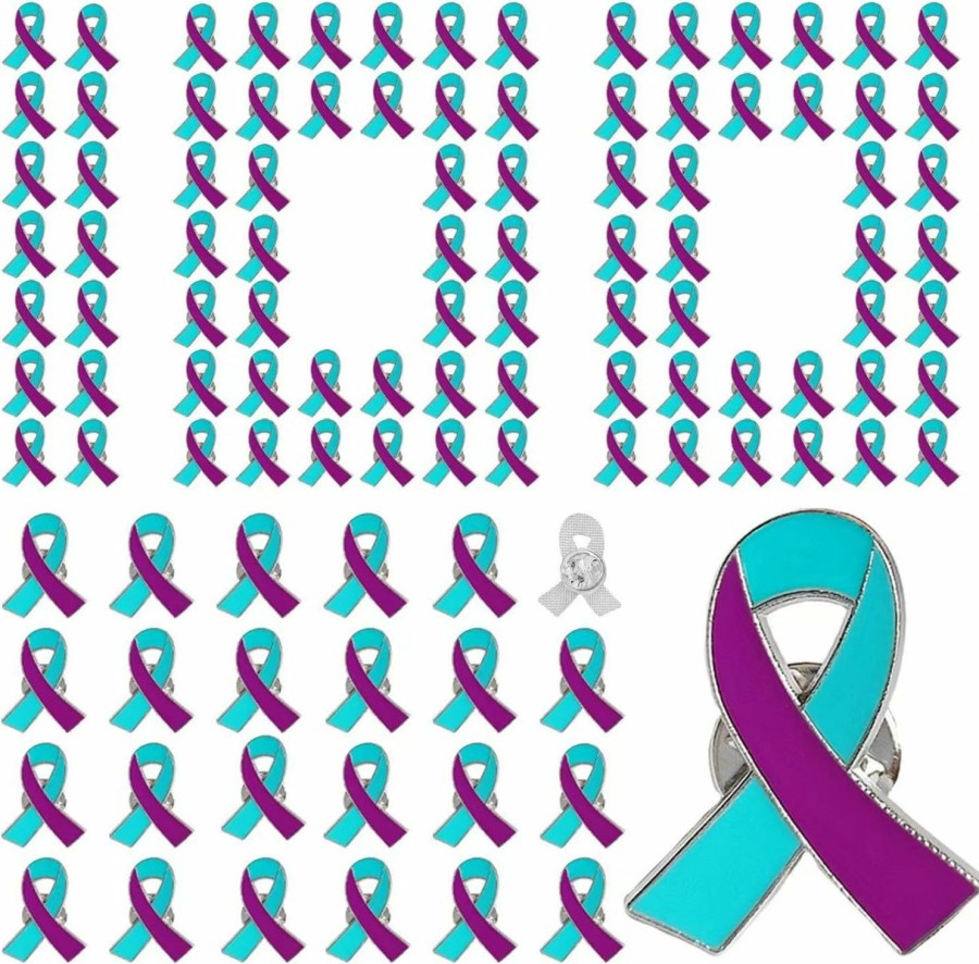 Generic 100 Pieces Purple & Teal Ribbon Pins Suicide Prevention Awareness Brooch Domestic Violence Sexual Assault Awareness Enamel Lapel Pins Clearance