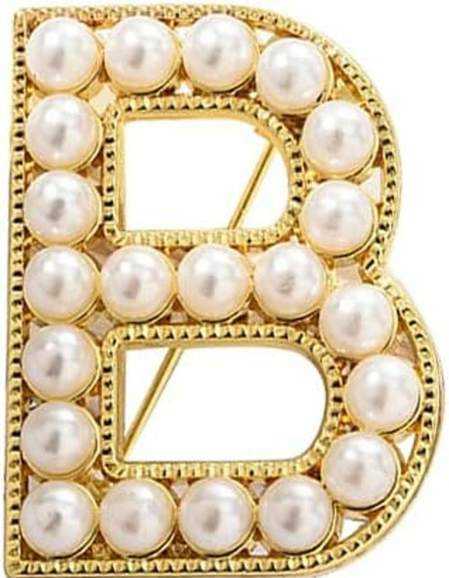 BELUCKIN Elegant Gold Plated Simulated Pearl Initial Letter Brooch Pins For Women Girls Best