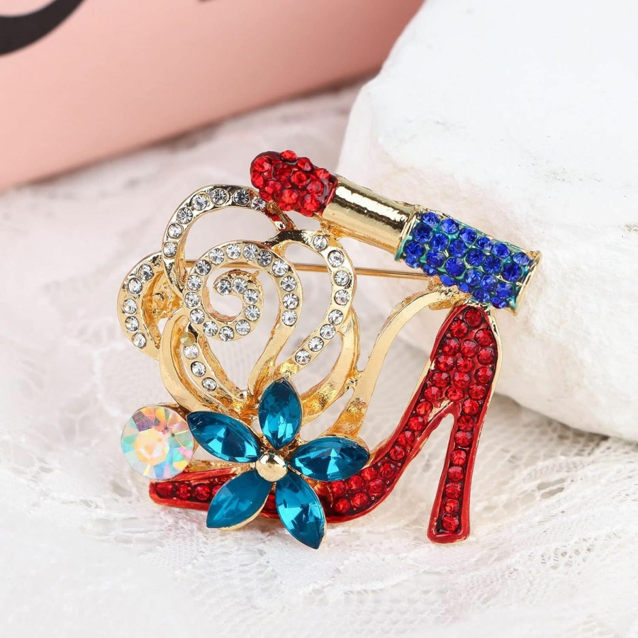 37YIMU Lip Stick And High Heel Brooch For Women'S Fashion Crystal Brooch Pin New