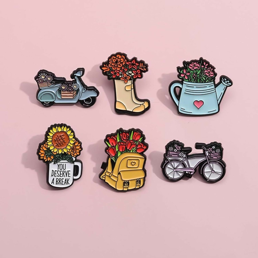 Gillna Colorful Flower Enamel Pins For Women Kids,7 Pieces Knapsack Kettle Galoshes Pickup Truck Gardening Enamel Brooch Pins Cartoon Plant Brooch Badge Pins For Jackets Backpacks Wholesale