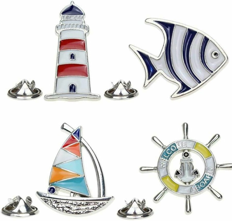 Acxico Acxico 4Pcs Creative Metal Cartoon Brooch Set Sailboat Lighthouse Rudder Tropical Fish Shape Lapel Pin Jacket Denim Collar Backpack Pin Hot