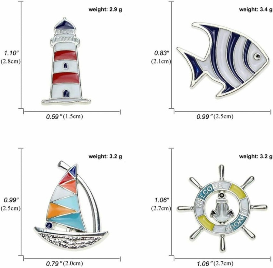 Acxico Acxico 4Pcs Creative Metal Cartoon Brooch Set Sailboat Lighthouse Rudder Tropical Fish Shape Lapel Pin Jacket Denim Collar Backpack Pin Hot