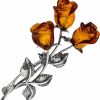 AMBEDORA Ambedora Women'S Brooch, Oxidised Sterling Silver, Hand Carved Amber Roses, Silver Brooch With Three Amber Roses In Cognac Colour, 5G Best