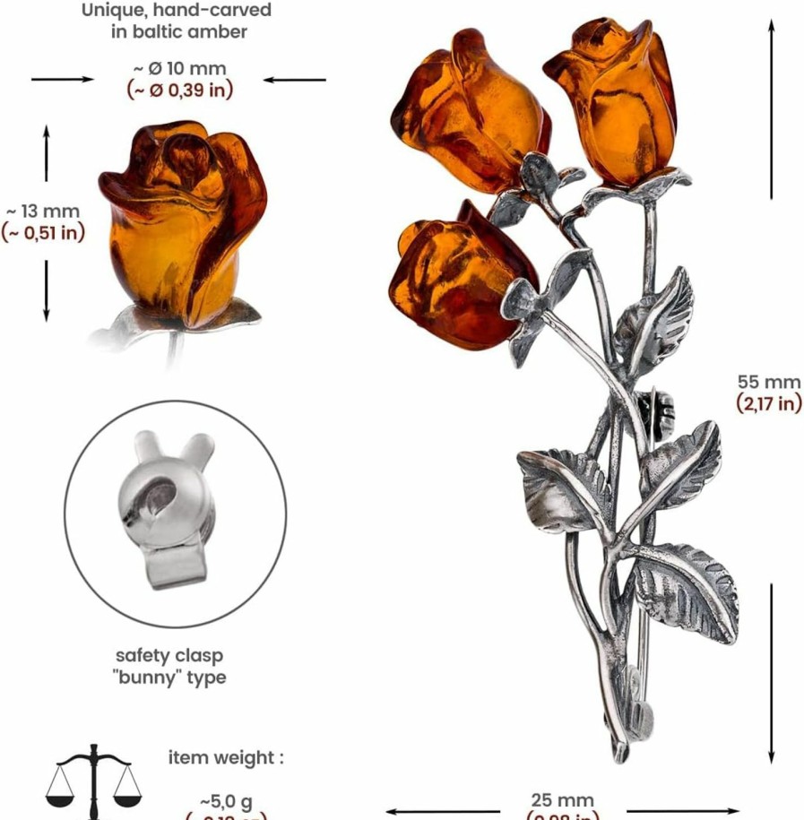 AMBEDORA Ambedora Women'S Brooch, Oxidised Sterling Silver, Hand Carved Amber Roses, Silver Brooch With Three Amber Roses In Cognac Colour, 5G Best