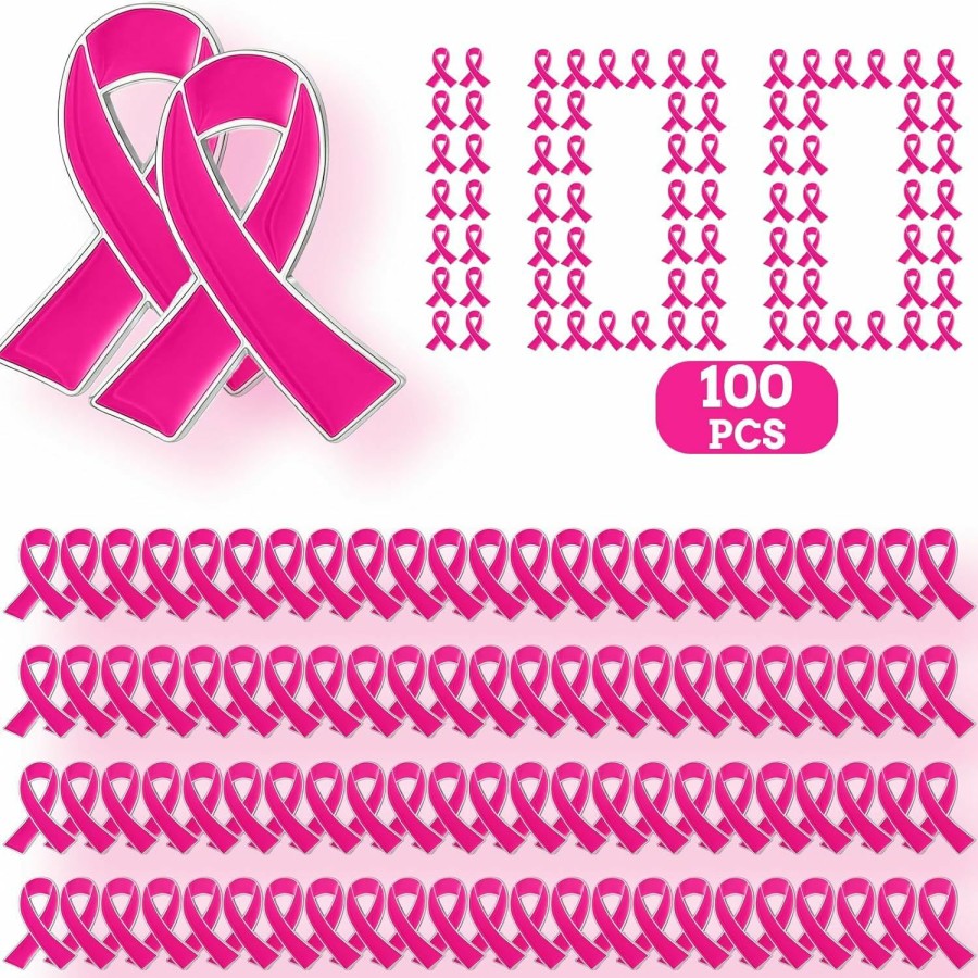 Rokkuon 100Pcs Breast Cancer Pins, Pink Ribbon Pins Breast Cancer Awareness Accessories, Pins With Safety Pins, Awareness Lapel Pins Gifts For Women, Breast Cancer Decorations Pink Lapel Pin, Iron, Ribbon Clearance