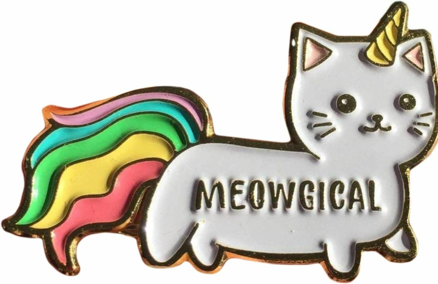 Stickeroonie Stickeroonie Cute Rainbow Meowgical Caticorn Lapel Pin, Colorful Magical Cat Unicorn Gold Plated Decorative Pin, 1.4" Wholesale