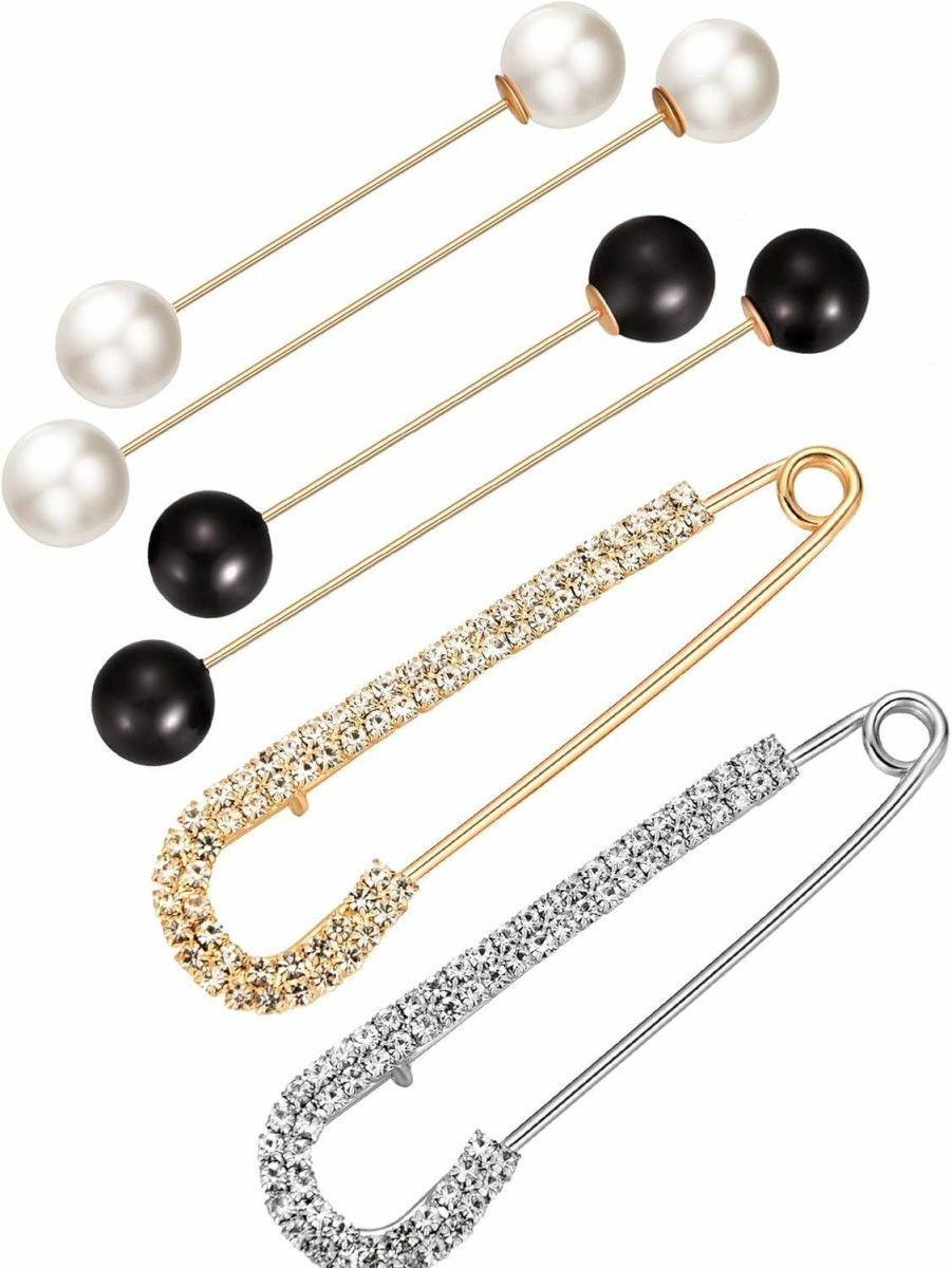 Chuangdi 6 Pieces Sweater Shawl Clips Retro Pearl Brooch Pins Crystal Cardigan Collar Clip Dress Shirt Clip Waist Back Cincher Clip For Women Girls Costume Accessory Wholesale