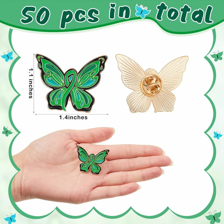 Inbagi Inbagi 50 Pcs Green Butterfly Mental Health Pins Bulk Mental Health Awareness Enamel Pins Inspiring Symbol Of Mental Health Awareness Brooch Pin Accessories For Clothing, Shirts, Jackets Wholesale