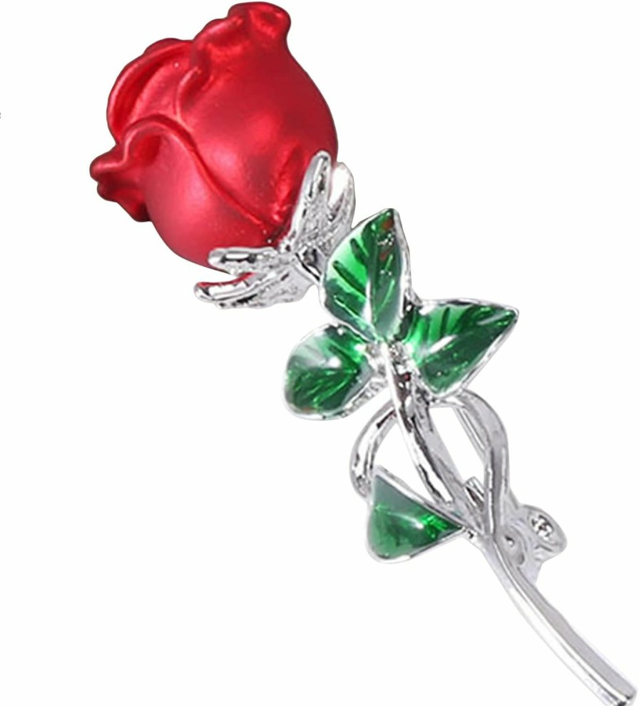 Generic Weiy Rose Flower Brooch Enamel Leaf Breastpin Decorative Floral Lapel Pin For Women Party Banquet Wedding,Red 1, 5.7*1.8Cm Clearance