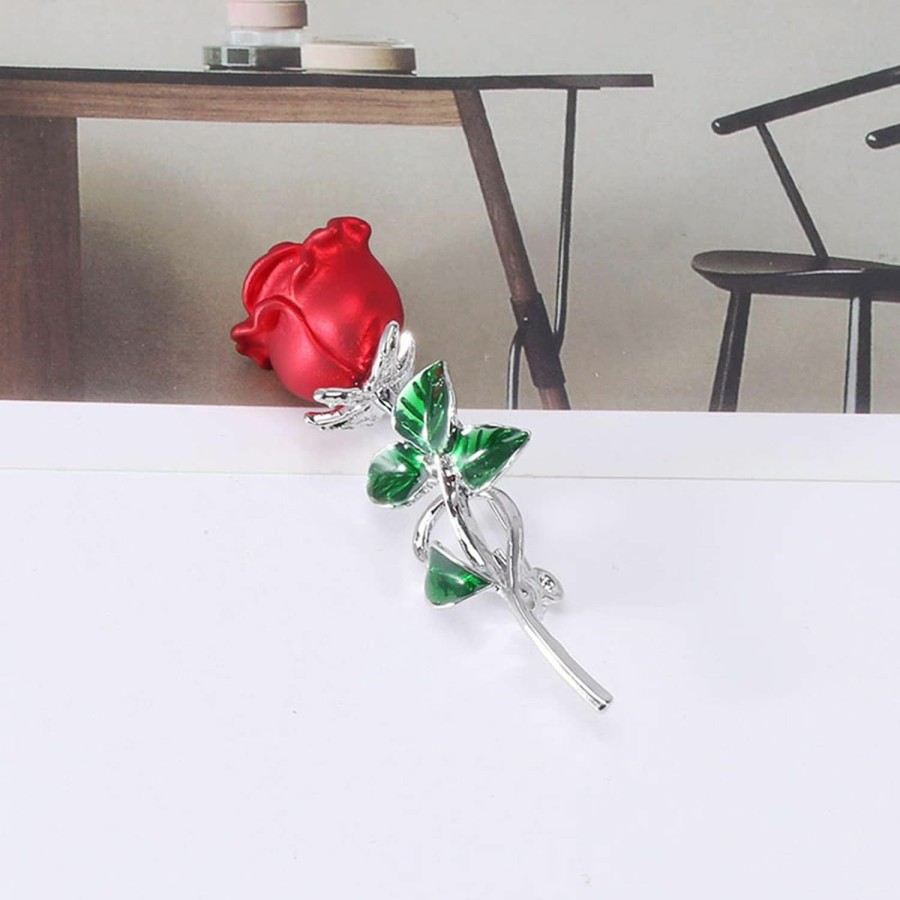 Generic Weiy Rose Flower Brooch Enamel Leaf Breastpin Decorative Floral Lapel Pin For Women Party Banquet Wedding,Red 1, 5.7*1.8Cm Clearance