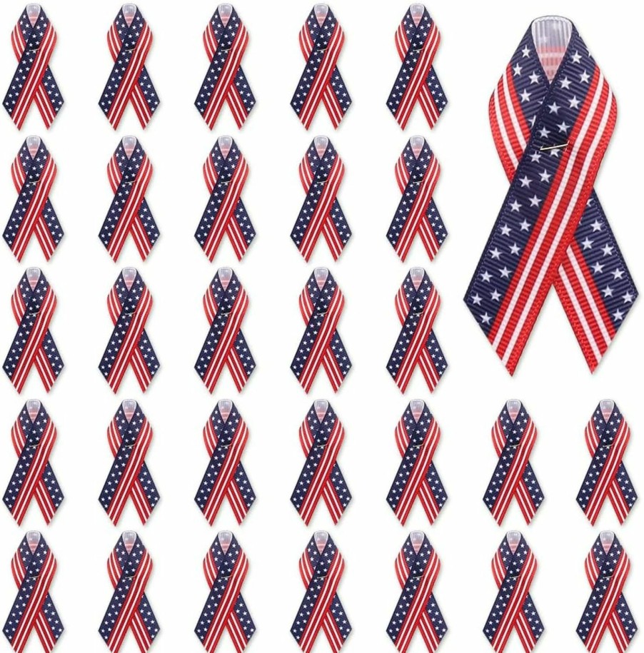 ABTOLS 100Pcs Memorial Day Ribbon Pins Red White Blue Stripe Ribbon Pin For Men Women, Patriotic American Awareness Ribbons Pins Fabric Ribbons For Veterans Day National Police Labor Day Supplies Clearance