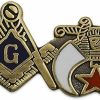 The Masonic Exchange Square & Compass And Shriner Masonic Lapel Pin - [Gold & White][1'' Wide] New