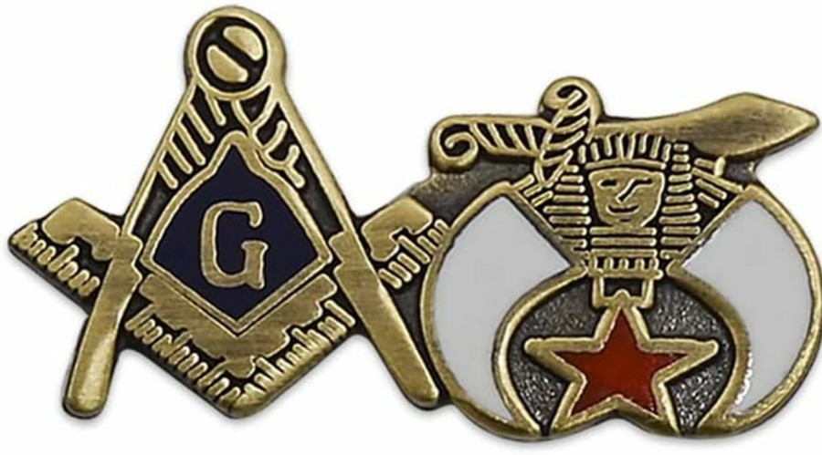 The Masonic Exchange Square & Compass And Shriner Masonic Lapel Pin - [Gold & White][1'' Wide] New