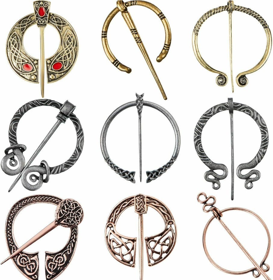 Hicarer 9 Pieces Vintage Viking Brooch Cloak Pin Scarf Shawl Buckle Clasp Pin Brooch Penannular Brooch For Costume Accessory, Antique Silver, Gold, Rose Gold Clearance