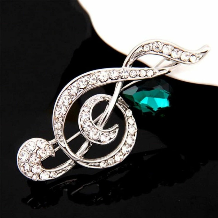 GUMEGE Musical Note Shape Brooch With Green Crystal Brooch Pin Metal Musical Note Rhinestone Brooch Scarf Buckle Badge Lapel Pin Online