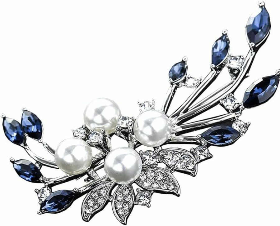 GUMEGE Blue Crystal Flower Brooch Rhinestone Plant Party Office Brooch Lapel Pins Pearl Brooches For Women Men Dress Coat Accessories Gifts Clearance