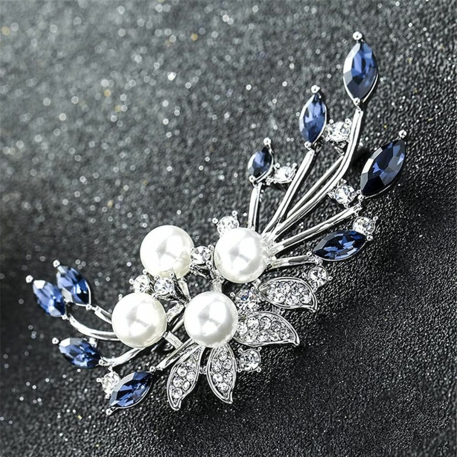 GUMEGE Blue Crystal Flower Brooch Rhinestone Plant Party Office Brooch Lapel Pins Pearl Brooches For Women Men Dress Coat Accessories Gifts Clearance