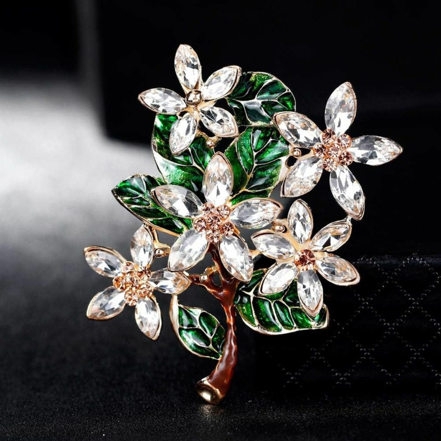 GYAYU Womens Flower Green Leaf Rhinestone Brooch Pin Best