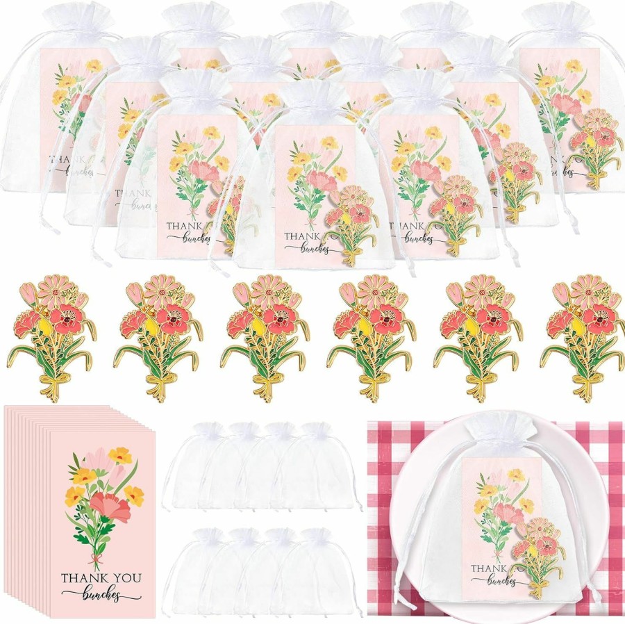 Remuuly Remuuly 50 Sets Thank You Gift Flower Brooch Pins Baby Shower Party Favor Employee Appreciation Pin Gift Bulk Pink Flower Bunches Pins With Organza Thank You Card Bags For Educator Tutor Professor Wholesale