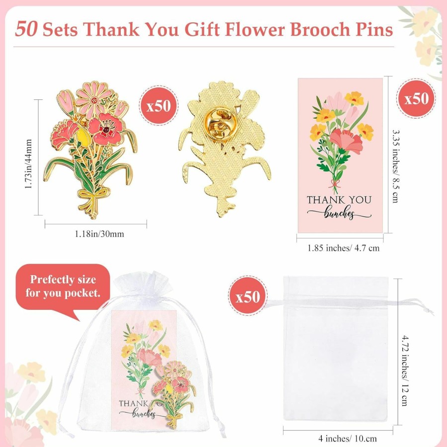 Remuuly Remuuly 50 Sets Thank You Gift Flower Brooch Pins Baby Shower Party Favor Employee Appreciation Pin Gift Bulk Pink Flower Bunches Pins With Organza Thank You Card Bags For Educator Tutor Professor Wholesale