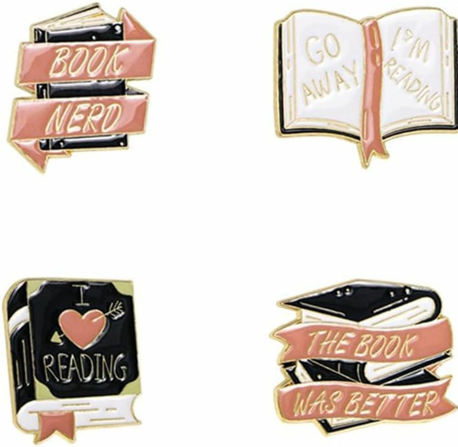 ZETSHION 4 Pcs Books Pin Book Lovers Christmas Gifts Novelty English Letter Book Cute Cartoon Collar Brooch Pins Set Diy Decorative Lapel Pins Aesthetic Pins For Women Backpacks Clothing Bags Jackets For Clearance