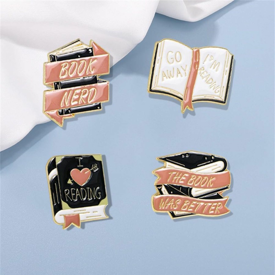 ZETSHION 4 Pcs Books Pin Book Lovers Christmas Gifts Novelty English Letter Book Cute Cartoon Collar Brooch Pins Set Diy Decorative Lapel Pins Aesthetic Pins For Women Backpacks Clothing Bags Jackets For Clearance