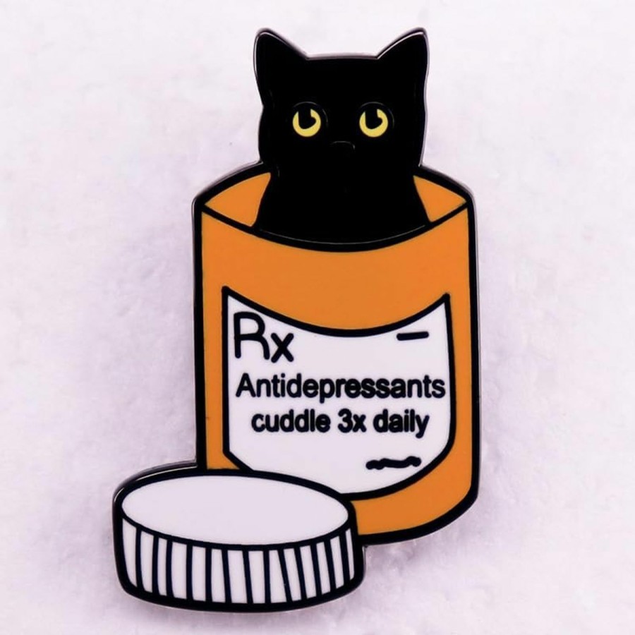 Pinposni Black Cat Medicine Bottle Enamel Lapel Pin Antidepressants Medical Prescription Metal Badge Brooch For Humorous Nurse Gift Clearance