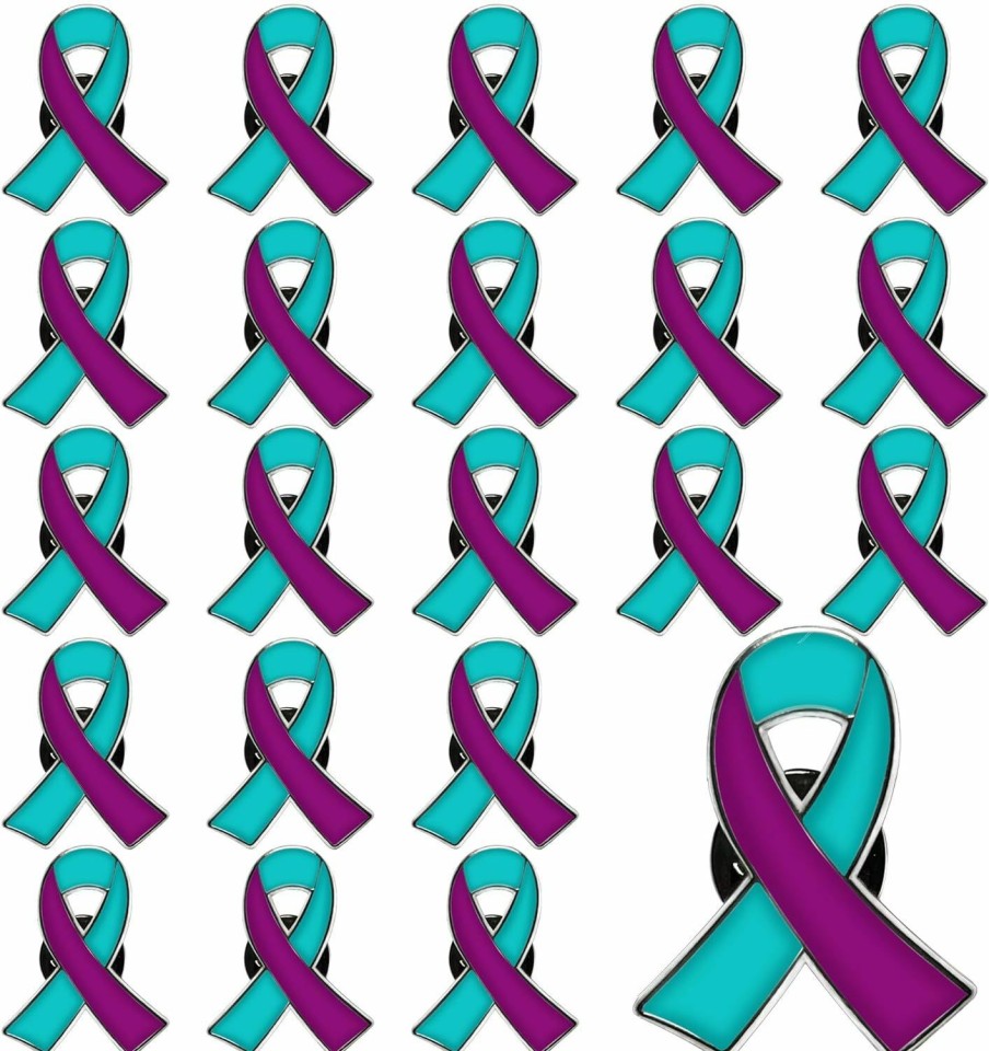 Joixy 25/50/100/200Pcs Metal Enamel Suicide Prevention Awareness Ribbon Pin Bulk Purple Teal Ribbon Lapel Pins Sexual Assault Awareness Brooch Pin Public Charity Campaign Supplies Best