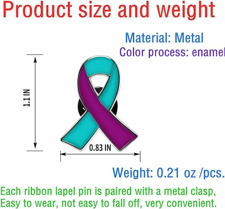 Joixy 25/50/100/200Pcs Metal Enamel Suicide Prevention Awareness Ribbon Pin Bulk Purple Teal Ribbon Lapel Pins Sexual Assault Awareness Brooch Pin Public Charity Campaign Supplies Best