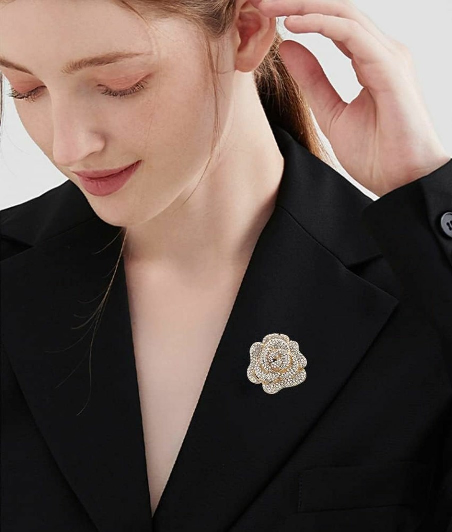 Dtja Rhinestone Rose Brooch Pin For Women Girls Fashion Crystal Big Blossom Flower Brooch Lapel Pins Elegant Dress Accessories Jewelry Boutonniere Corsage For Hat Bag Suit Tie Gift Wedding Mother'S Day Clearance