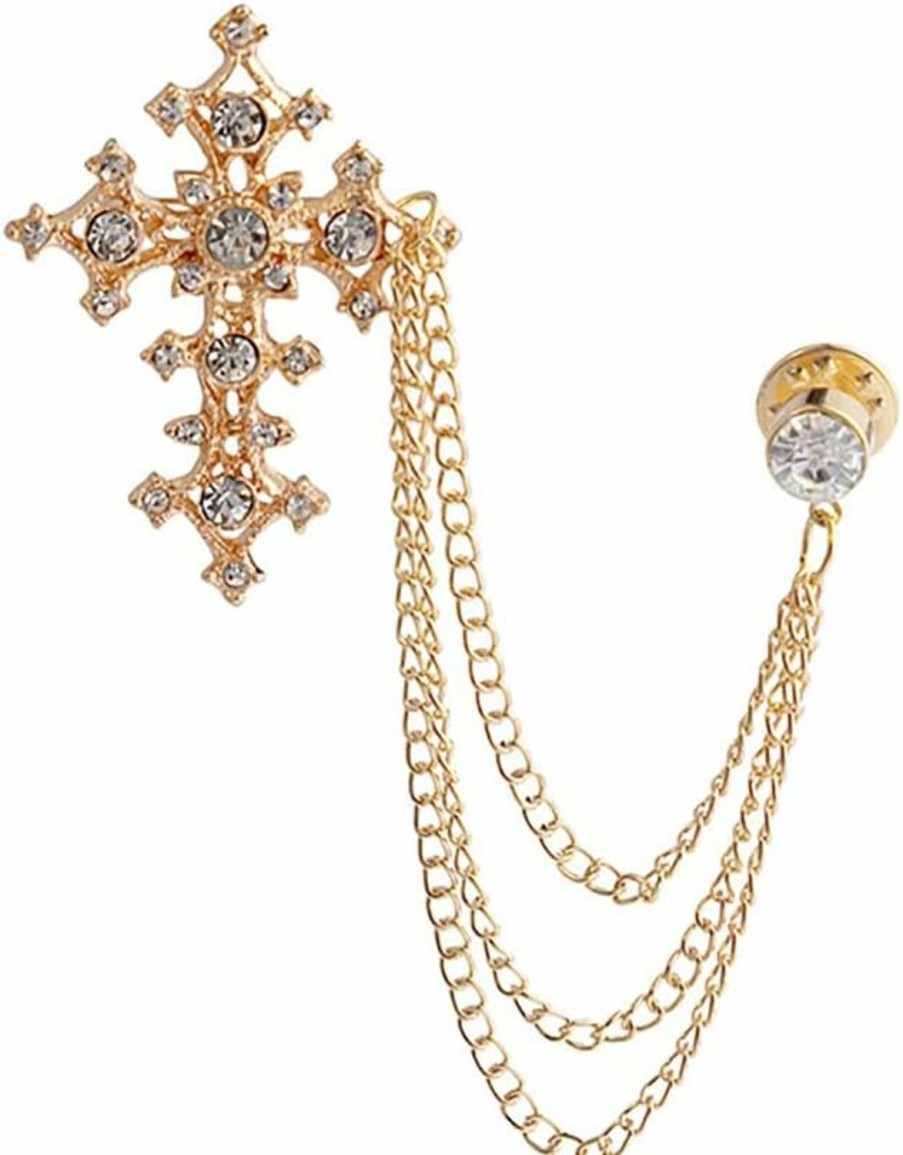 Generic Vintage Cross Tassel Chain Brooch Collar Pin,Crystal Rhinestone Cross Long Chain Lapel Pin,Suit Coat Breastpin Jewelry For Women Men Hot