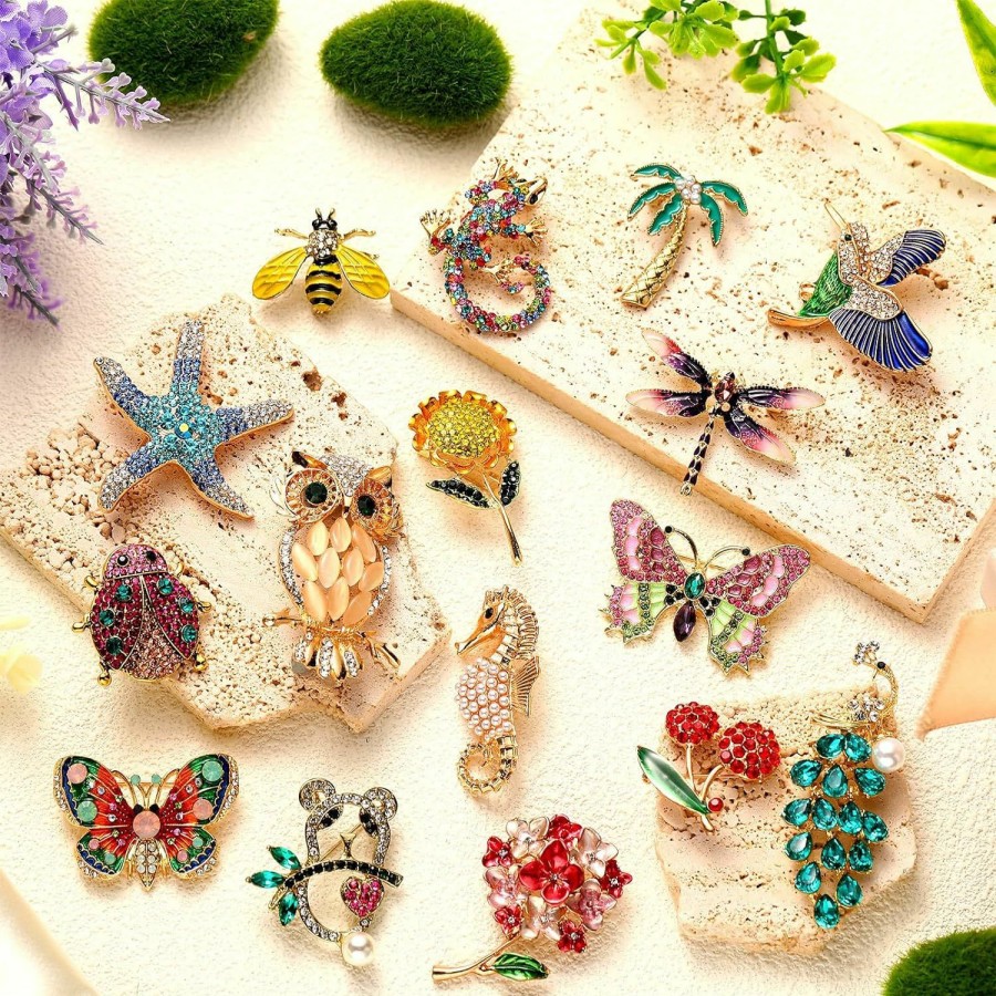 Sasylvia Sasylvia 16 Pcs Women Brooch Set Rhinestone Crystal Vintage Spring Animal Insect Plant Pins Brooches Bulk For Women Girls(Nature) Clearance