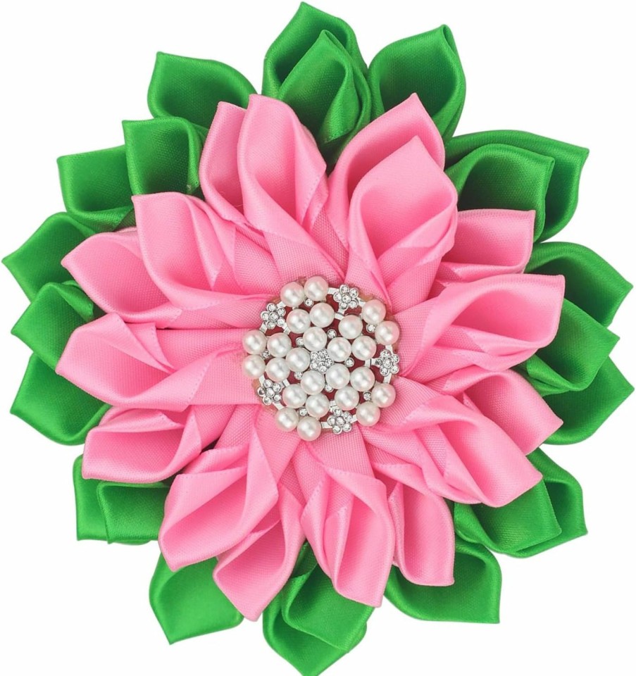 Scwasen Sorority Brooch Pin For Women Greek Sorority Paraphermalia Gift,Stain 5.5 Inches Pearl Flower Pin, Pink And Green Jewelry Birthday Gift Best