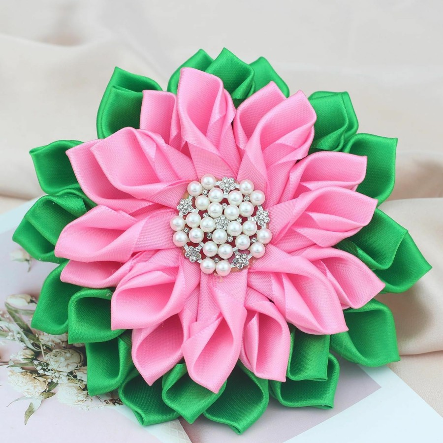 Scwasen Sorority Brooch Pin For Women Greek Sorority Paraphermalia Gift,Stain 5.5 Inches Pearl Flower Pin, Pink And Green Jewelry Birthday Gift Best