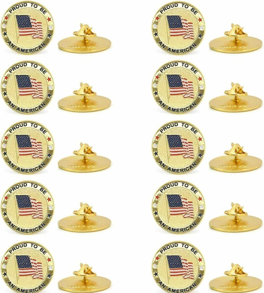 TONOS 10 Pack Round American Flag Pins, Gold Usa Flag Lapel Pins - Pround To Be An American Pin For Memorial Day, Flag Day, Independence Day,Veterans Day New