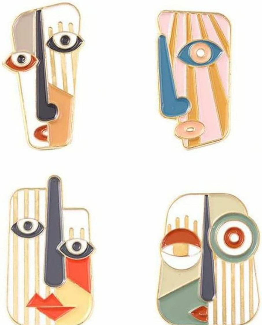 KAWADU 4Pcs Art Mask Enamel Pin Brooch Individual Metal Badge Lapel Pin Abstract Face Mask Pin Set Collar Pin Fashion Jewelry Clothes Bag Accessories Best