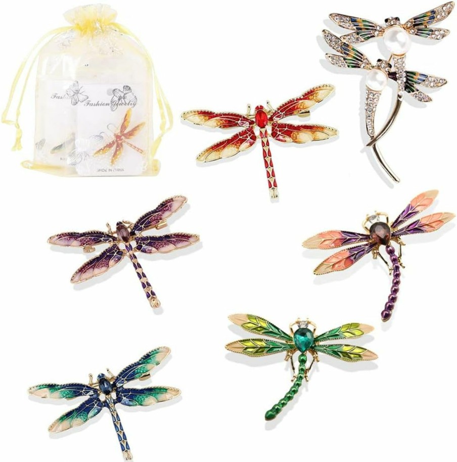 Apol 6 Pcs Dragonfly Themed Enamel Crystal Rhinestones Brooch Pin Women Jewelry Clothes Dress Scarf Decoration Lapel Pin New