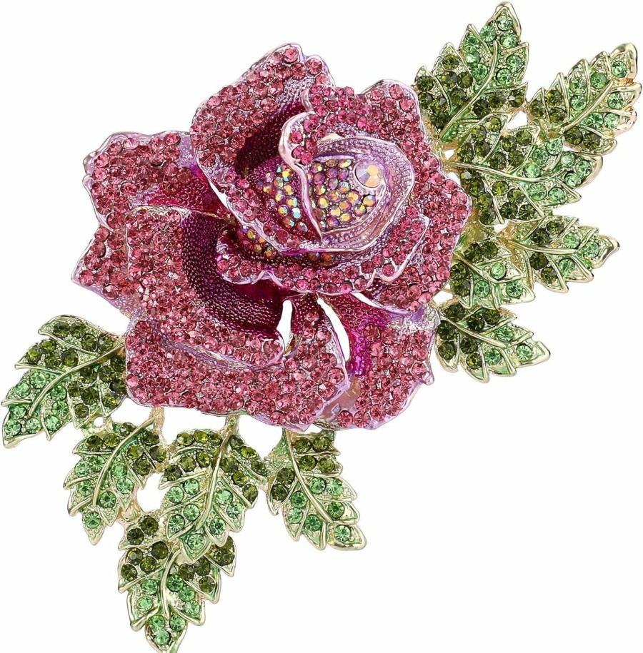 EVER FAITH Ever Faith Austrian Crystal Roman Rose Flower Plant Brooch Pin Gold-Tone New