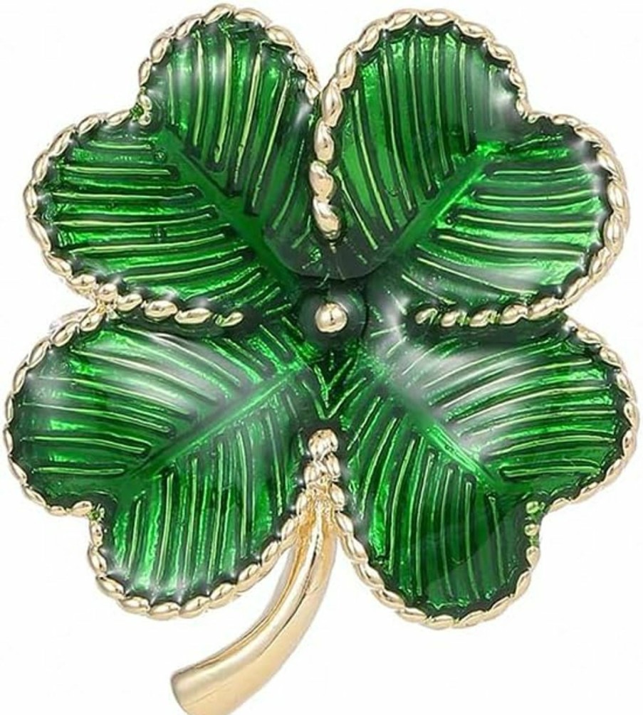 NewZenro Minimalist Four Leaf Clover Green Enamel Brooch Lapel Pins For Women Girls Men Vintage Flower Shamrock Brooches Lucky Banquet Decor Dress Clothes Accessories St Patrick'S Day Holiday Jewelry Gift Hot