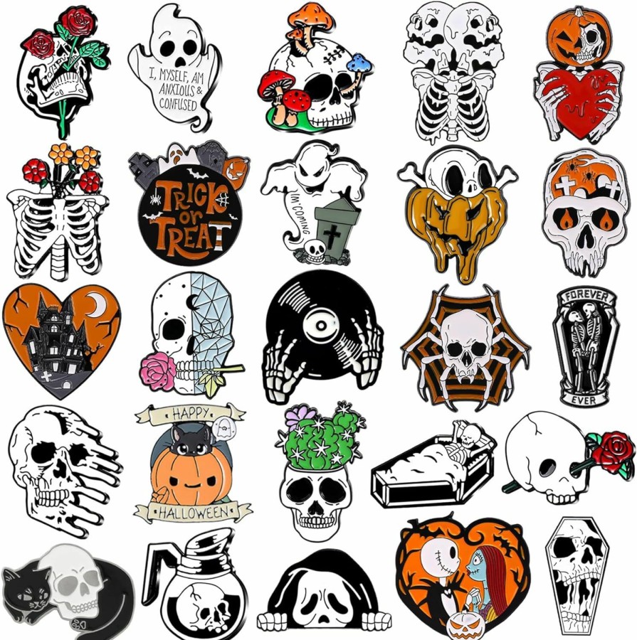 fiintrwa 25 Pcs Halloween Enamel Pins For Backpack, Cute Lapel Enamel Pins Anime Cat Skull Spooky Skeleton Enamel Pins Set Punk Horror Goth (25 Pcs) Online