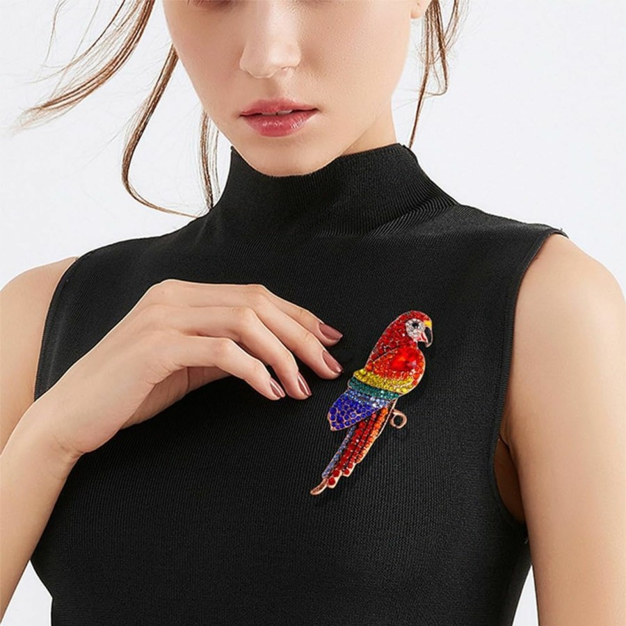 Hebelee Vintage Cz Colorful Parrot Brooch Pin For Women Girls Rose Gold Plated Exaggerated Birthstone Animal Bird Brooches Lapel Pins Christmas Birthday Anniversary Ornament Dress Accessories Delicacy Jewelry Gift Best