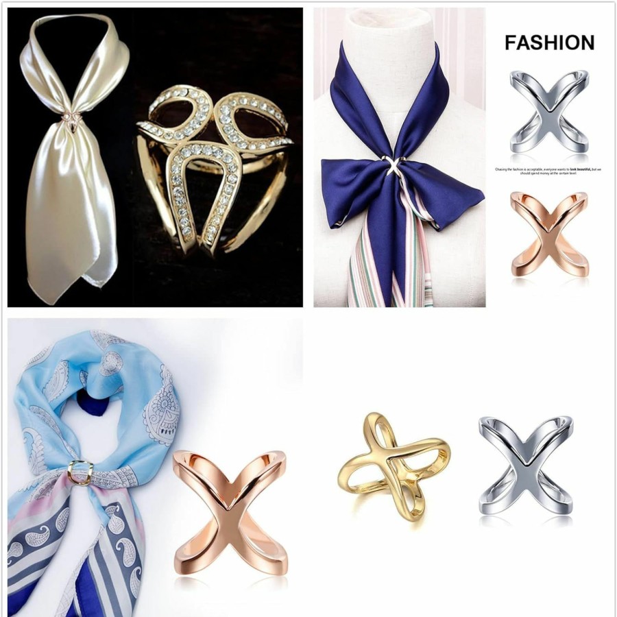 XHBTS Xhbts 6 Pcs Women'S Elegant X Shape Silk Scarf Clip Ring Crystal Rhinestone Scarves Clip Buckle Holder For Wedding Party Silver Rose Gold Hot